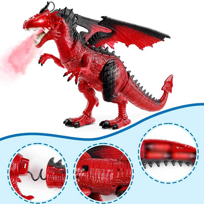 Fidtoy Dragon télécommandé cracheur de feu RC Dragon avec lumières, sons, marche, ailes, jouet interactif dinosaure pour enfants, cadeau éducatif pour garçons et filles
