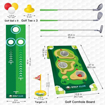 Fidtoy Kids Golf Set – Adjustable Toddler Clubs with Putting Mat & Cornhole Board