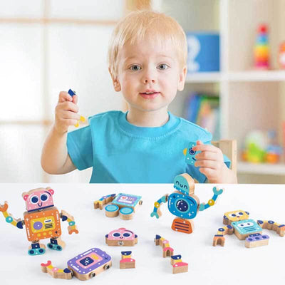 Juguete de construcción de robot de madera Fidtoy, juego de encastre para niños