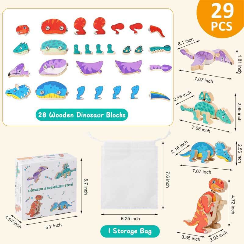 Fidtoy Wooden Dinosaur Building Blocks – STEM Educational Toy for Toddlers