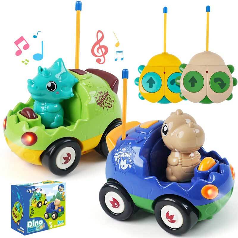 Fidtoy RC Coche de Dinosaurio Juguete Paquete de 2 Autos de Control Remoto para Niños Pequeños con Controladores Luces Sonido Juguete de Carreras para Jugar en Interiores