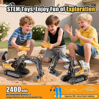 Fidtoy Excavadora de Juguete a Control Remoto, Camión de Construcción de 11 Canales con Pala Metálica, Luces y Sonido, Juguete STEM para Niños, Juego al Aire Libre