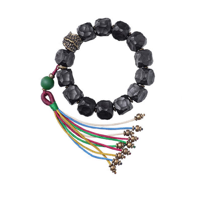Buddha Stones Tibet Ebony Wood Copper Peace Tassel Wrist Mala Bracelet Wrist Mala BS 13