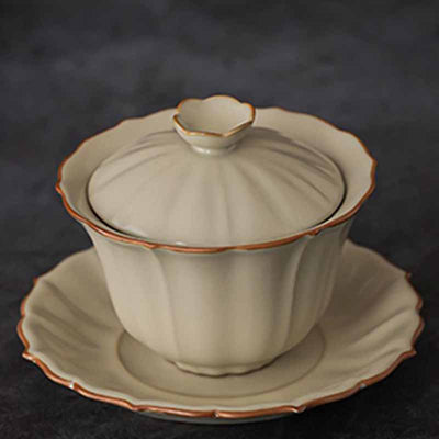 Buddha Stones Beige Plum Blossom Shape Peach Branch Ceramic Gaiwan Sancai Teacup Kung Fu Tea Cup With Lid Cup BS 9