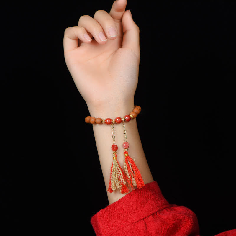 Buddha Stones Tibetan Natural Peach Wood Cinnabar PiXiu Wealth Tassels Bracelet Bracelet BS 6