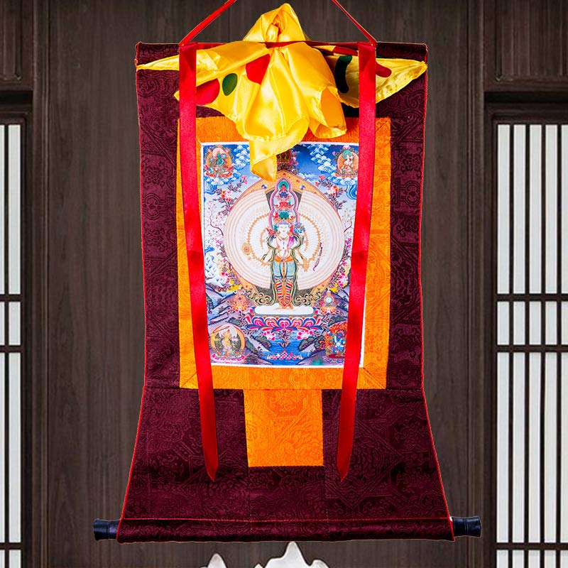 Buddha Stones Tibetan Thousand-handed Avalokitesvara Framed Thangka Blessing Decoration Decorations BS 8