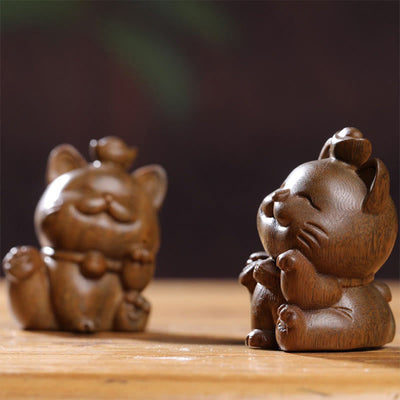 Buddha Stones Mini Green Sandalwood Ingot Lucky Cat Carved Peace Desk Decorations Decorations BS 17