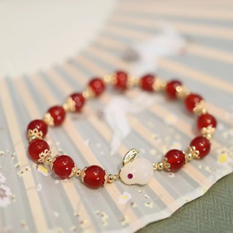 Bracelet Confiance Agate Rouge Naturelle et Jade Blanc Année du Lapin