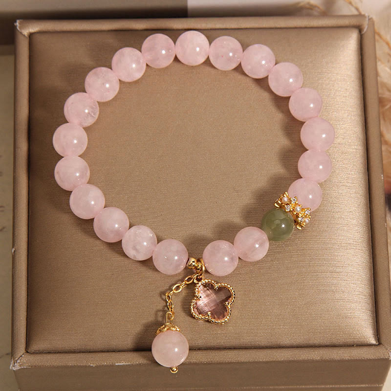 Buddha Stones Natural Pink Crystal Four Leaf Clover Soothing Bracelet Bracelet BS 4