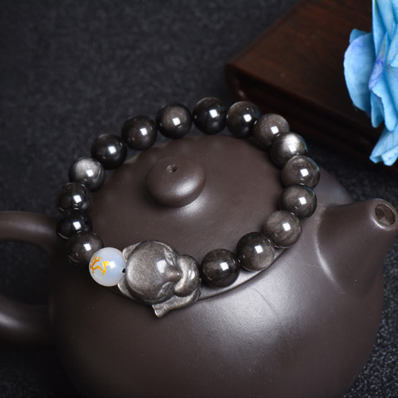 Buddha Stones Natural Rainbow Obsidian Gold Sheen Obsidian Silver Sheen Obsidian Fox Healing Bracelet Bracelet BS 18