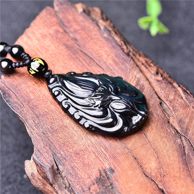 Buddha Stones Natural Rainbow Obsidian Nine Tailed Fox Inner Peace Necklace Beaded String Pendant Necklaces & Pendants BS 5