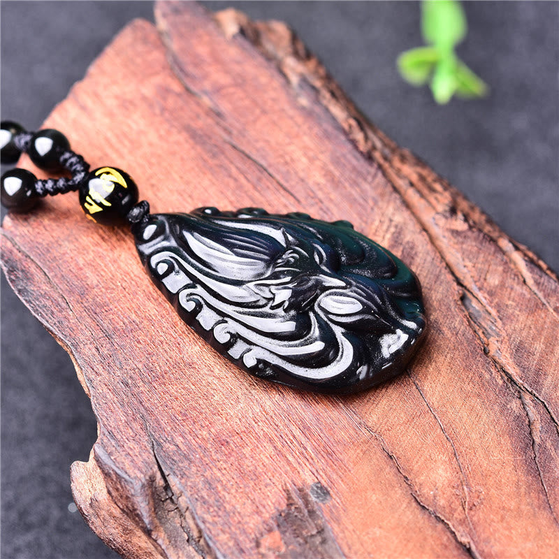 Buddha Stones Natural Rainbow Obsidian Nine Tailed Fox Inner Peace Necklace Beaded String Pendant Necklaces & Pendants BS 5