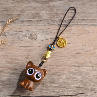 Buddha Stones Green Sandalwood Lucky Cat Koi Fish Cure Key Chain Phone Hanging Decoration Key Chain BS Green Sandalwood Cat Phone Hanging Decoration