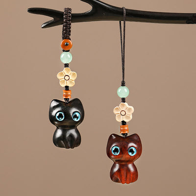 Foviel Mini Small Leaf Red Sandalwood Ebony Wood Lucky Cat Lovely Kitty Peace Key Chain Phone Hanging Decoration