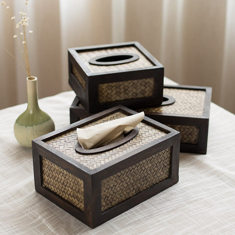 Buddha Stones Handmade Bamboo Woven Wood Tissue Box Wooden Tissue Holder Wipes Boxes Decoration Decorations BS main