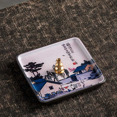 Buddha Stones Mountain Lake Flower Leaf Healing Ceramic Plate Tray Stick Incense Burner Decoration Incense Burner BS House Tree 10.2*10.2*1.2cm