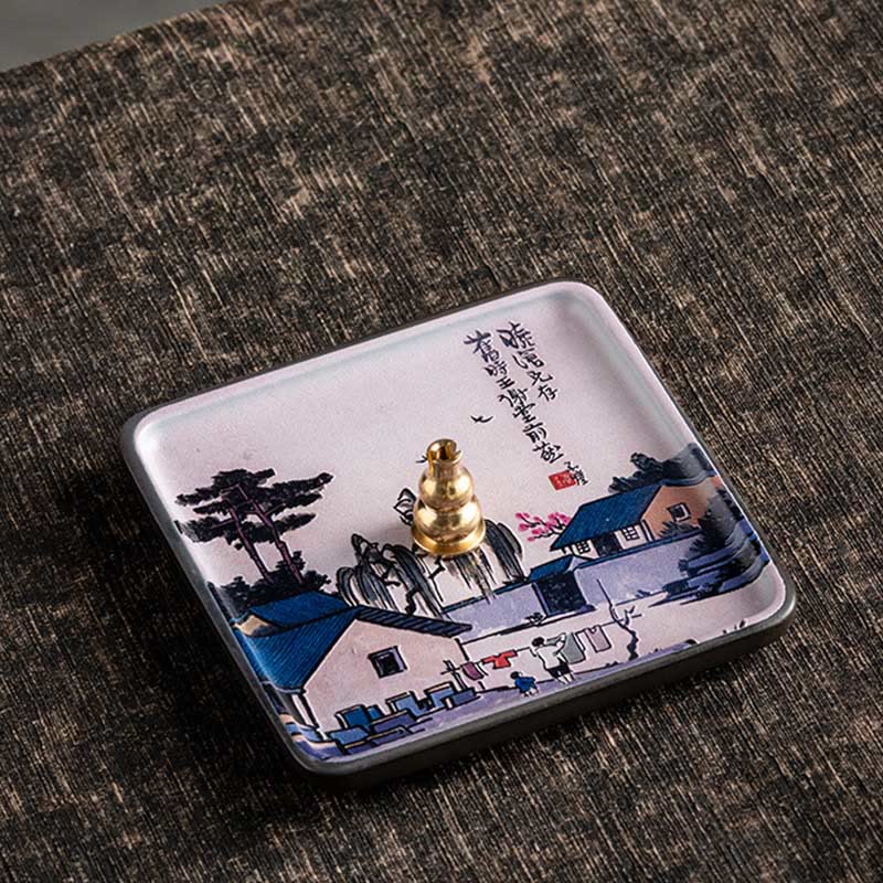 Buddha Stones Mountain Lake Flower Leaf Healing Ceramic Plate Tray Stick Incense Burner Decoration Incense Burner BS House Tree 10.2*10.2*1.2cm
