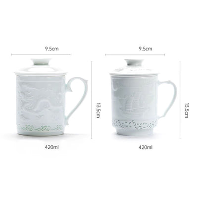Buddha Stones Jingdezhen Linglong Porcelain Auspicious Dragon Phoenix Boat Smooth Sailing Ceramic Teacup Office Tea Cups 420ml Cup BS 14