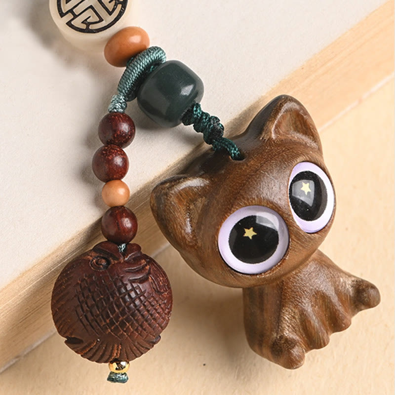 Buddha Stones Green Sandalwood Lucky Cat Koi Fish Cure Key Chain Phone Hanging Decoration Key Chain BS 23