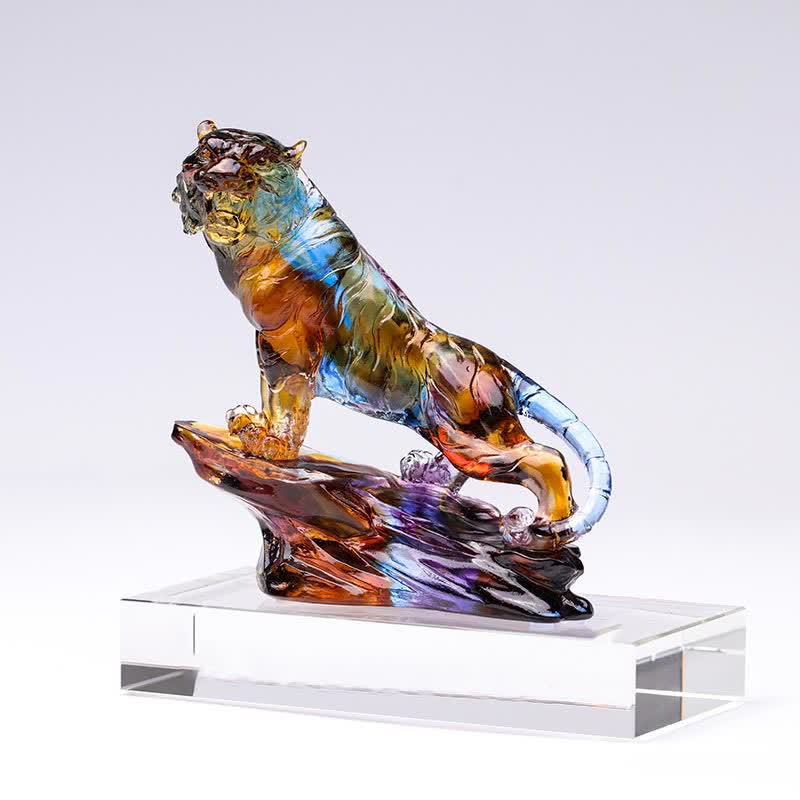 Buddha Stones Handmade Liuli Crystal Tiger Art Piece Protection Home Decoration Decorations BS Purple&Base