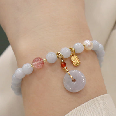 Buddha Stones Natural Aquamarine Chalcedony Serenity Rabbit Gourd Cat Charm Bracelet Bracelet BS Aquamarine Peace Buckle Fu Character