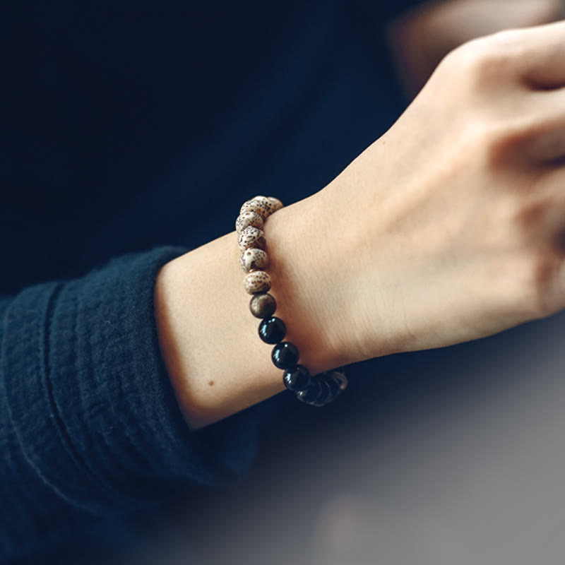 Buddha Stones Tibetan Bodhi Seed Black Obsidian Ebony Wood Copper Peace Bracelet Bracelet BS 4