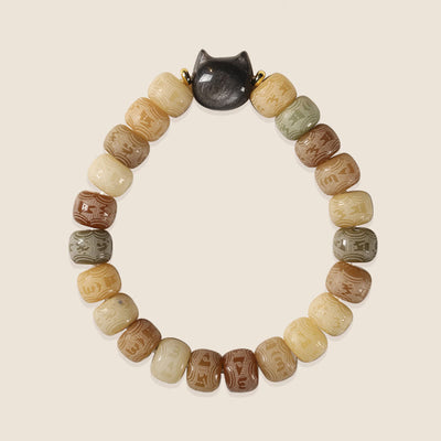 Buddha Stones Bodhi Seed Silver Sheen Obsidian Cat Head Om Mani Padme Hum Engraved Harmony Bracelet Bracelet BS 5