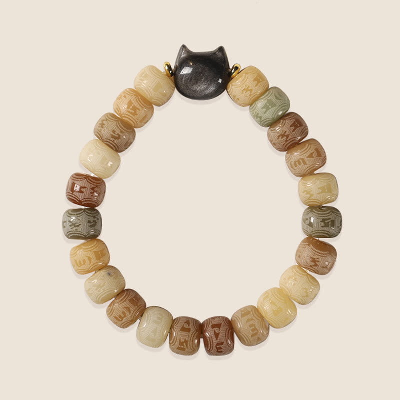 Buddha Stones Bodhi Seed Silver Sheen Obsidian Cat Head Om Mani Padme Hum Engraved Harmony Bracelet Bracelet BS 5