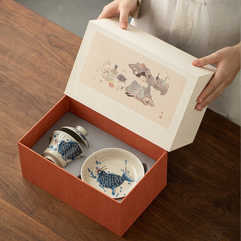 Buddha Stones Koi Fish Arowana Ceramic Gaiwan Sancai Teacup Kung Fu Tea Cup With Lid 130ml Cup BS 34