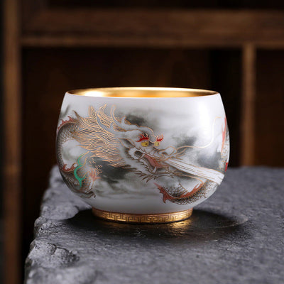 Buddha Stones Dragon Gilt Gourd Ceramic White Porcelain Teacup Kung Fu Tea Cup 160ml Cup BS 8.5cm*6cm*160ml