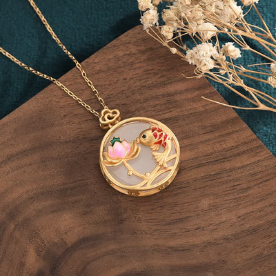 Buddha Stones White Jade Koi Fish Lotus Blessing Necklace Pendant Necklaces & Pendants BS 1