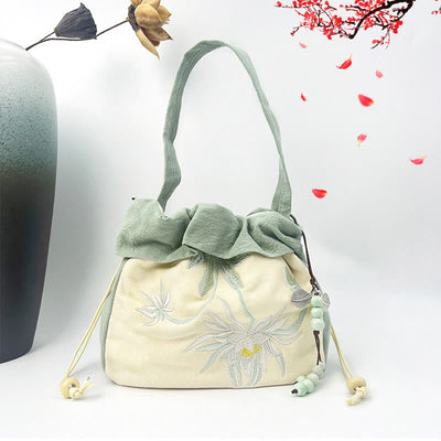 Buddha Stones Suzhou Embroidery Lotus Epiphyllum Magnolia Cotton Linen Tote Crossbody Bag Shoulder Bag Handbag Crossbody Bag BS 8