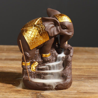Buddha Stones Tibetan Elephant Purple Clay Backflow Smoke Fountain Peace Healing Incense Burner Decoration Incense Burner BS Gold