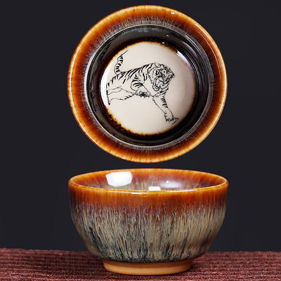 Buddha Stones 12 Chinese Zodiac Pattern Ceramic Teacup Kung Fu Jian Chinese Zhan Tea Cup 73ml Jian Zhan Tea Cup BS Tiger 6.8cm*3.6cm*73ml