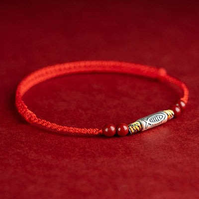 Buddha Stones 925 Sterling Silver Koi Fish Cinnabar Bead Wealth Handcrafted Braided Bracelet Anklet Bracelet Anklet BS 2