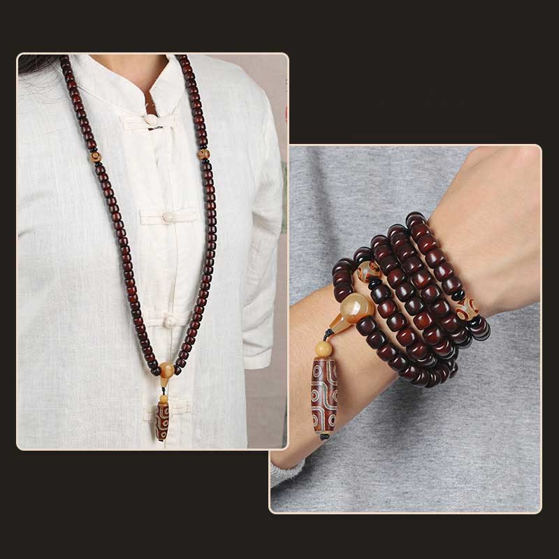 Bracelet de chance Foviel 108 perles Mala avec perle Dzi à trois yeux et perle Dzi à neuf yeux en jade