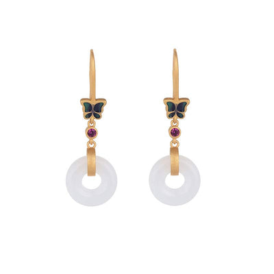 Buddha Stones FengShui White Jade Butterfly Fortune Earrings Earrings BS White Jade