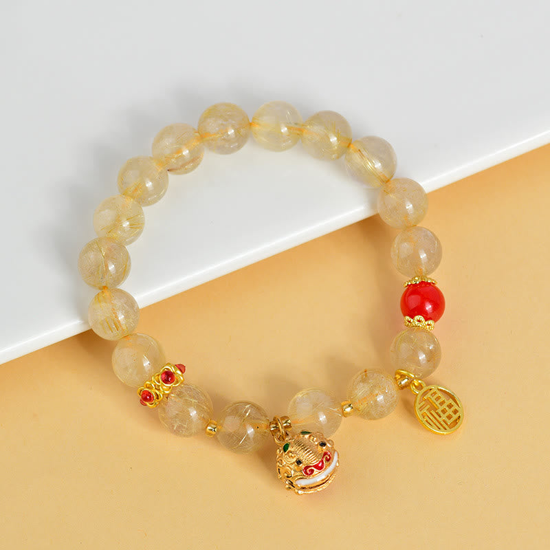 Buddha Stones Natural Golden Rutilated Quartz Fu Character Charm Bell Wealth Bracelet Bracelet BS 2