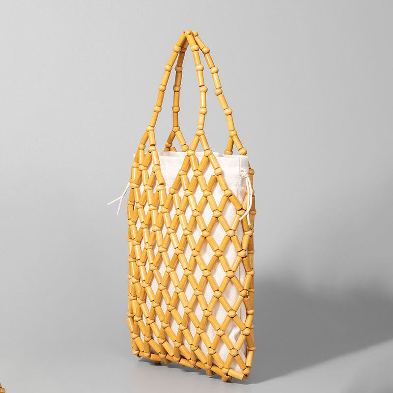 Buddha Stones Hand-woven Mesh Hollow Wooden Beads Handbag Handbags BS 10
