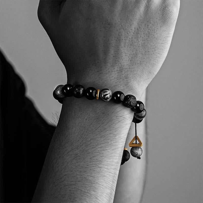 Buddha Stones Black Obsidian Lava Rock Stone Yin Yang Strength Bracelet Bracelet BS 4