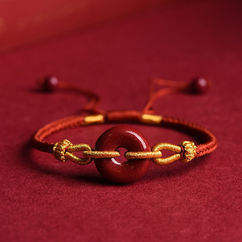 Buddha Stones Handmade Cinnabar Peace Buckle Blessing Braided Rope Bracelet Bracelet BS Dark Red Rope(Wrist Circumference 14-23cm)