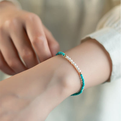 Buddha Stones 925 Sterling Silver Natural Turquoise Pearl Beaded Bracelet Bracelet BS 4
