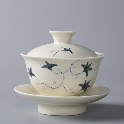 Buddha Stones Hand Painted Pomegranate Hibiscus Pine Lotus Ceramic Gaiwan Sancai Teacup Kung Fu Tea Cup And Saucer With Lid Cup BS 13*9cm*200ml Lotus