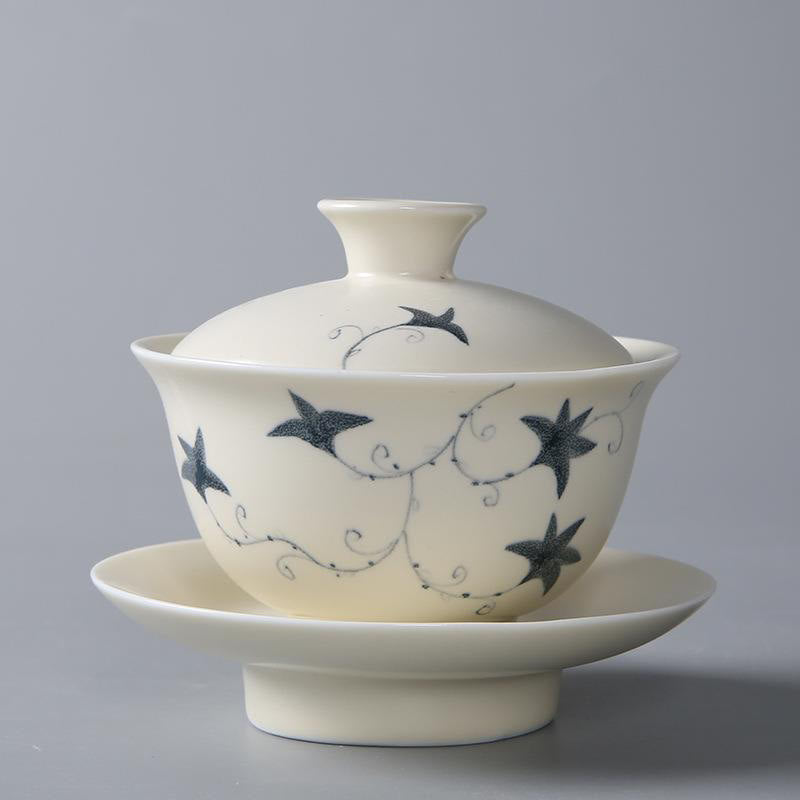 Buddha Stones Hand Painted Pomegranate Hibiscus Pine Lotus Ceramic Gaiwan Sancai Teacup Kung Fu Tea Cup And Saucer With Lid Cup BS 13*9cm*200ml Lotus