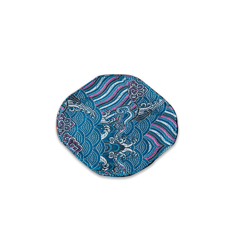 Buddha Stones Vintage Sea Wave Bamboo Plum Blossom Embroidered Cup Mat Pad Tea Cup Coaster Kung Fu Tea Mat Tea Mat BS Blue Sea Wave Coaster 13*11.5cm