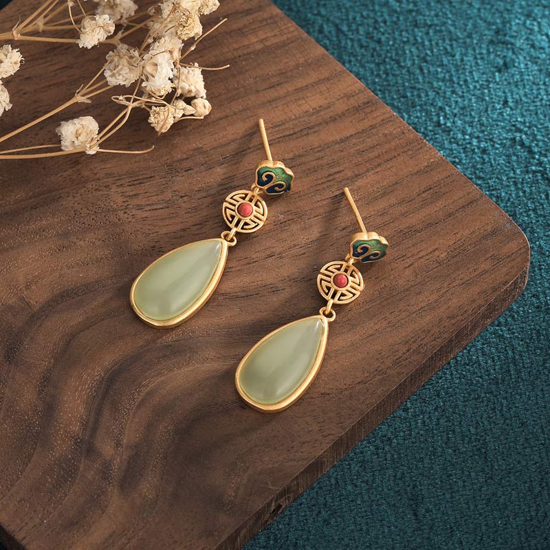 Buddha Stones FengShui Jade Double Happiness Fortune Earrings Earrings BS 1