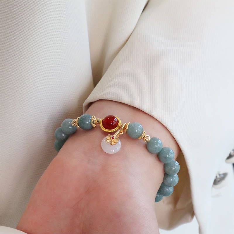 Buddha Stones Natural Jade Red Agate Pearl Bow Tie Luck Bracelet Bracelet BS 6