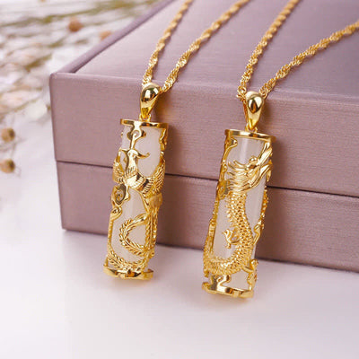 Buddhastoneshop Jade Dragon Phoenix Copper Blessing Harmony Necklace Pendant