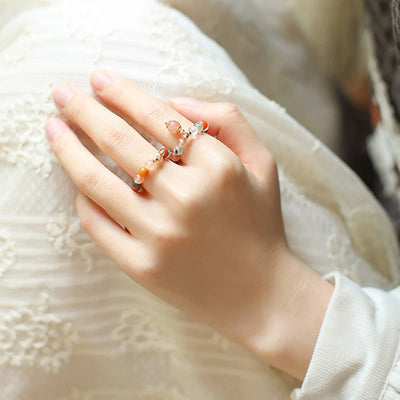 Buddha Stones 14k Gold Plated Copper Fu Lu Shou Crystal Peach Moonstone Happiness Wealth Ring Ring BS 10