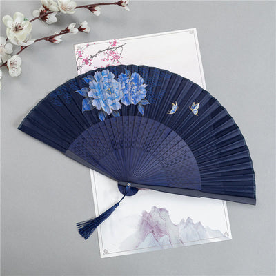 Buddha Stones Crane Dragonfly Lotus Peony Plum Blossom Butterfly Handheld Silk Bamboo Folding Fan 22.5cm 6